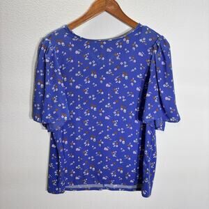 Ann Taylor Factory Blue Floral Blouse Size L Flutter Sleeve Keyhole Top